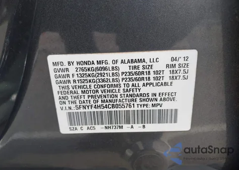 2012 Honda Pilot Ex-L from USA, damaged, VIN 5FNYF4H54CB055761